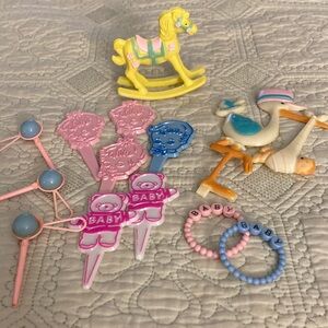 13 Vintage Baby Cake Assorted Decorations ADORABLE! Stork/Rocking Horse All $10